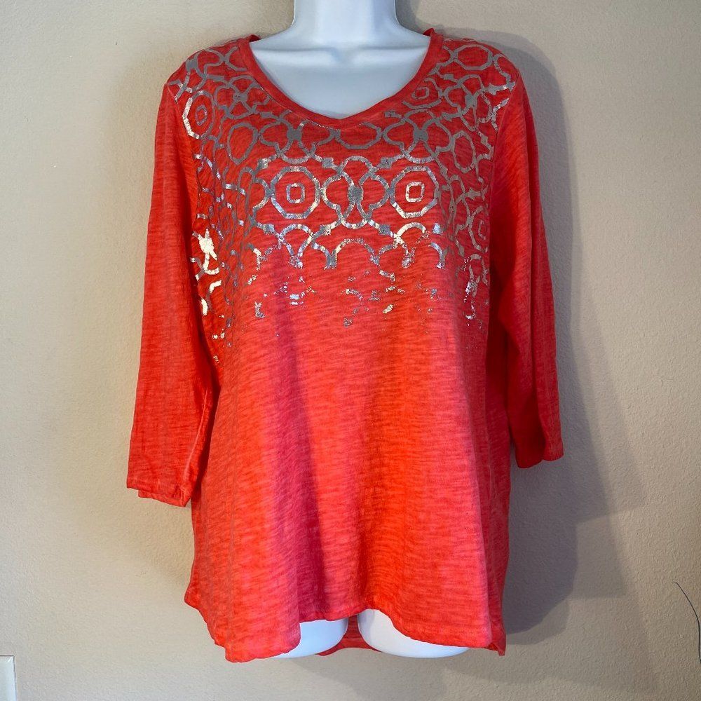Sunsets & Sweet Tea Coral V Neck Knit Top Silver Graphic Large